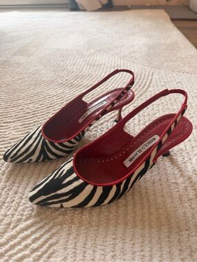 Manolo Blahnik Black-and-White Pony Hair Slingback Pumps with Red Trim
